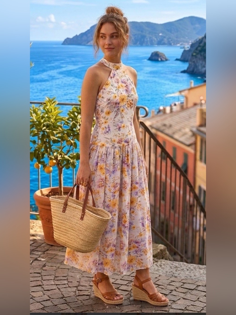 AQUA BLUE LILAS TIE HALTER FLORAL DRESS SILK/COTTON SIZE S/M NWT